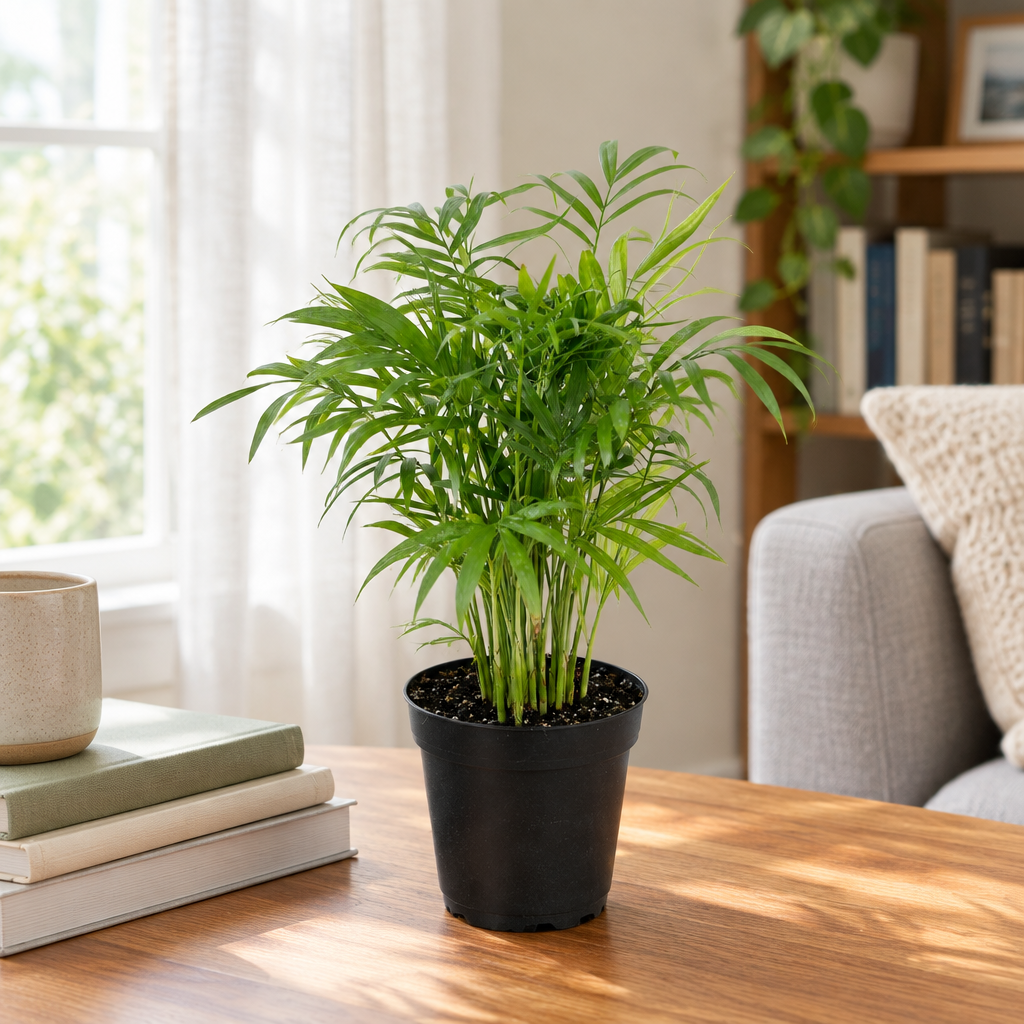 Small Parlor Palm in its nursery grow pot on an indoor table near a window