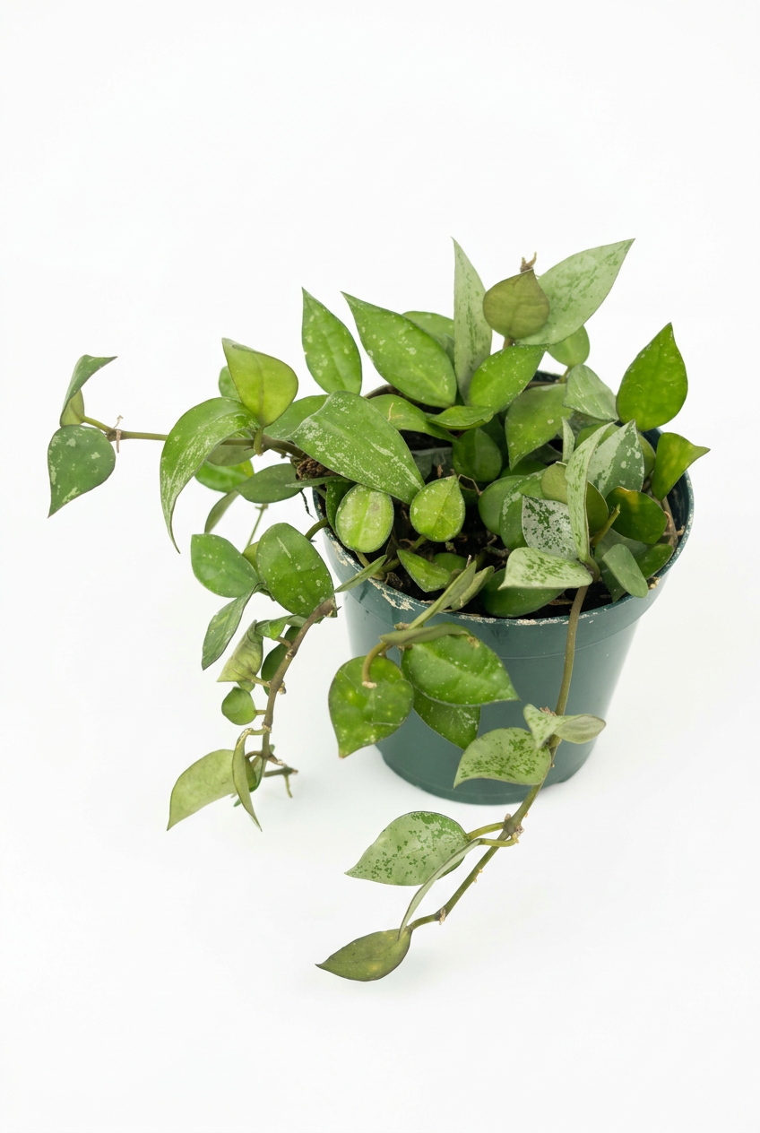 Hoya Eskimo with silver-splashed green leaves and trailing stems in a green 4-inch nursery pot on white.