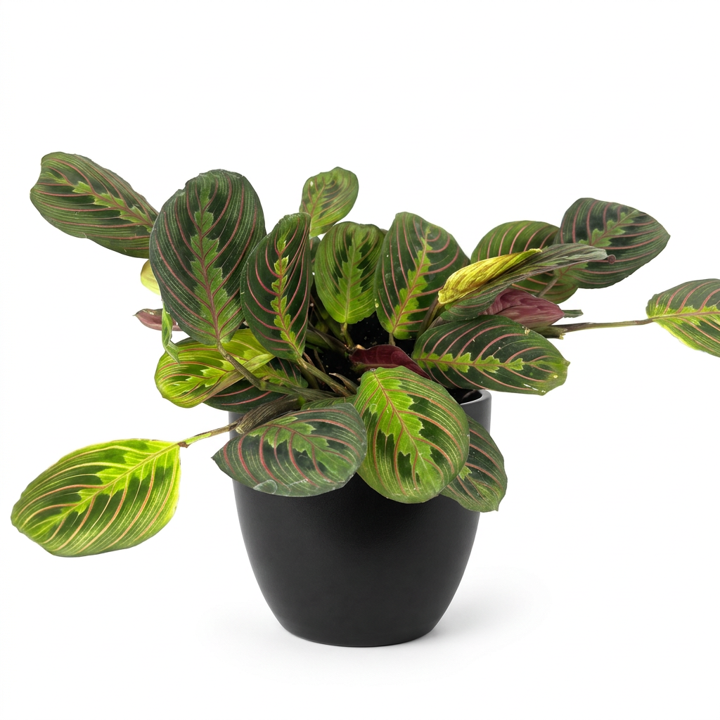Red Prayer Plant styled in a black BASEL planter against white; decorative planter sold separately