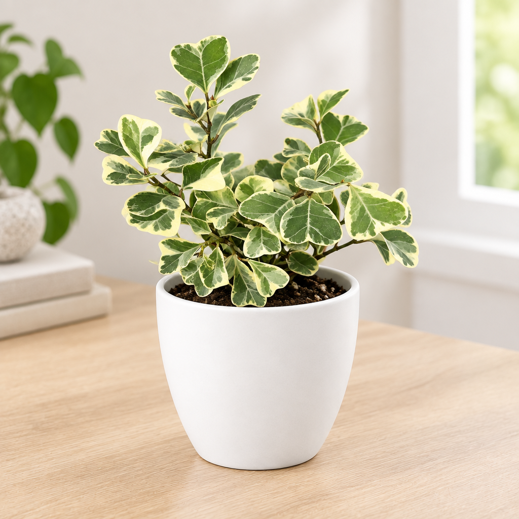Variegated Ficus triangularis styled with white Basel 4.7-inch planter; planter sold separately