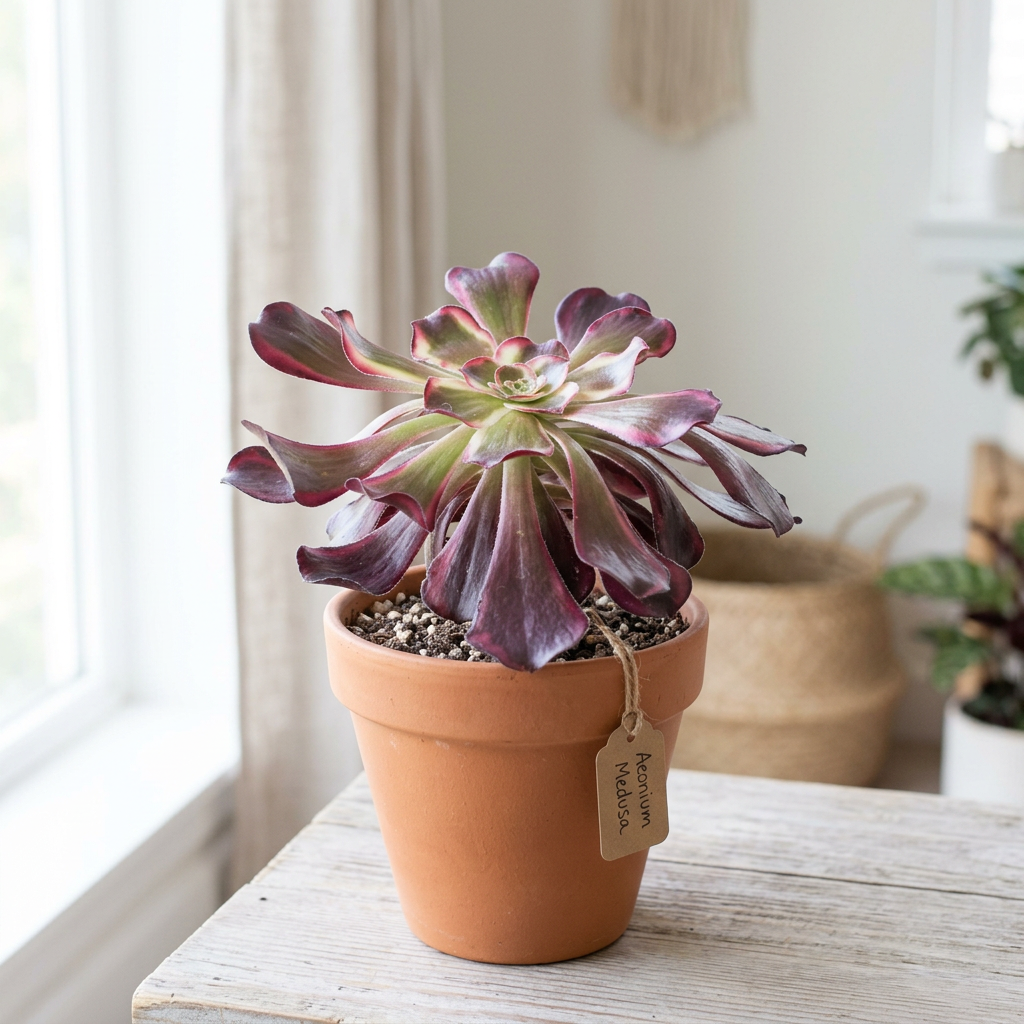 Aeonium Medusa near a bright indoor window in a terracotta pot; pot sold separately