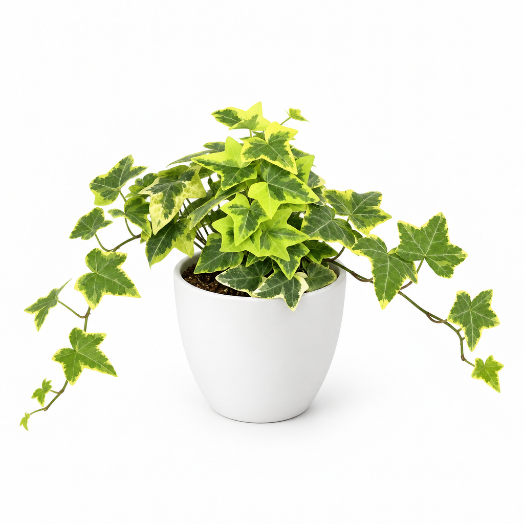 Gold Child English ivy styled in separately sold white Basel planter on white