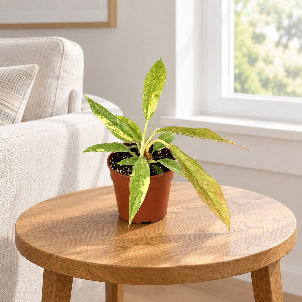 Young Philodendron Ring of Fire in a 4-inch nursery pot on a living room table