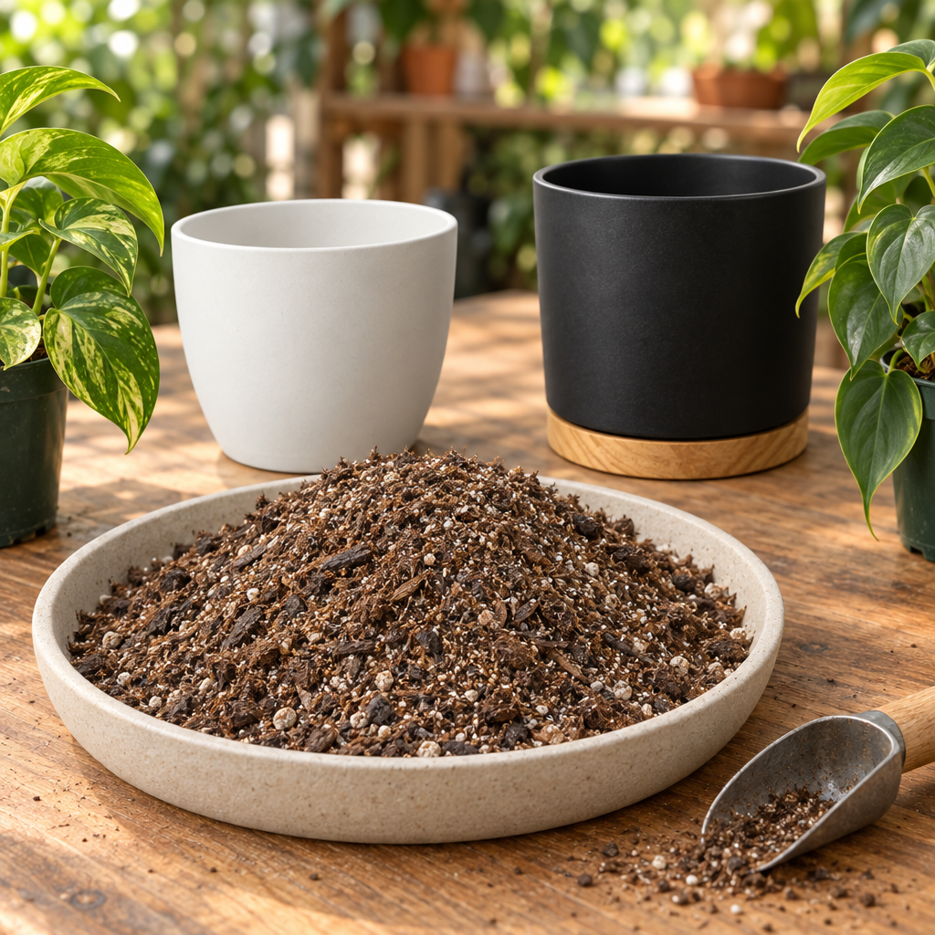 Houseplant soil blend on a potting bench with foliage plants and white Basel and black Oslo planters; plants and planters not included
