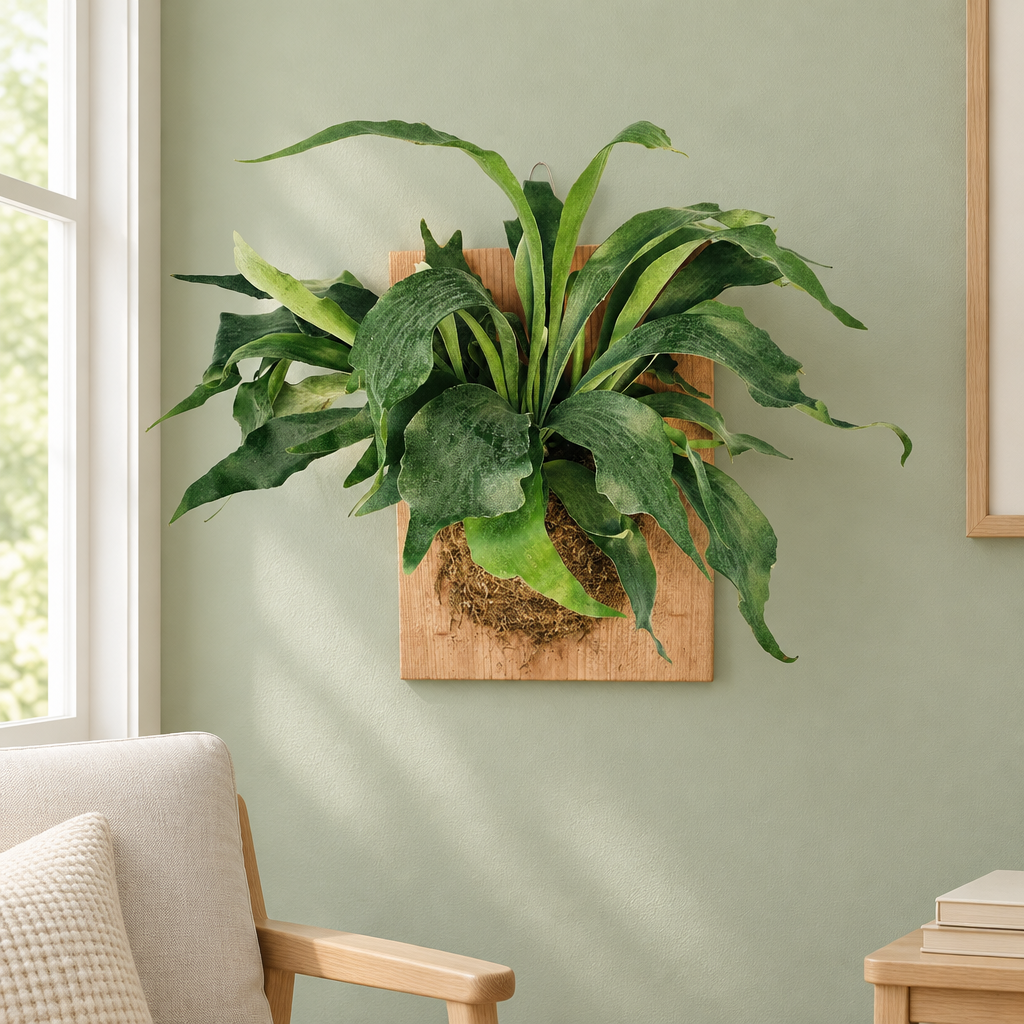 XL mounted Staghorn Fern on a wooden plaque displayed on a sage-green wall in an indoor reading nook