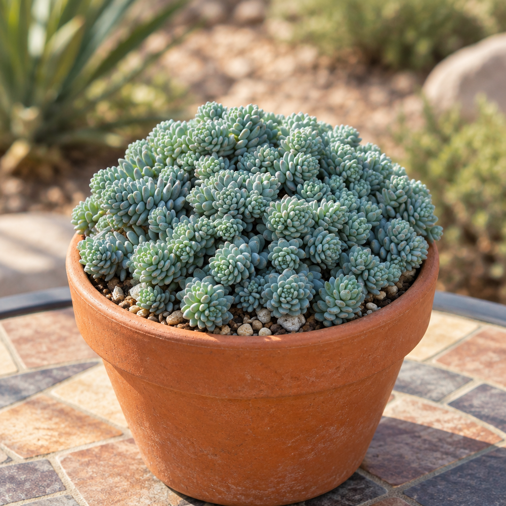 Blue Tear Sedum in a terracotta pot on a patio table, decorative pot not included