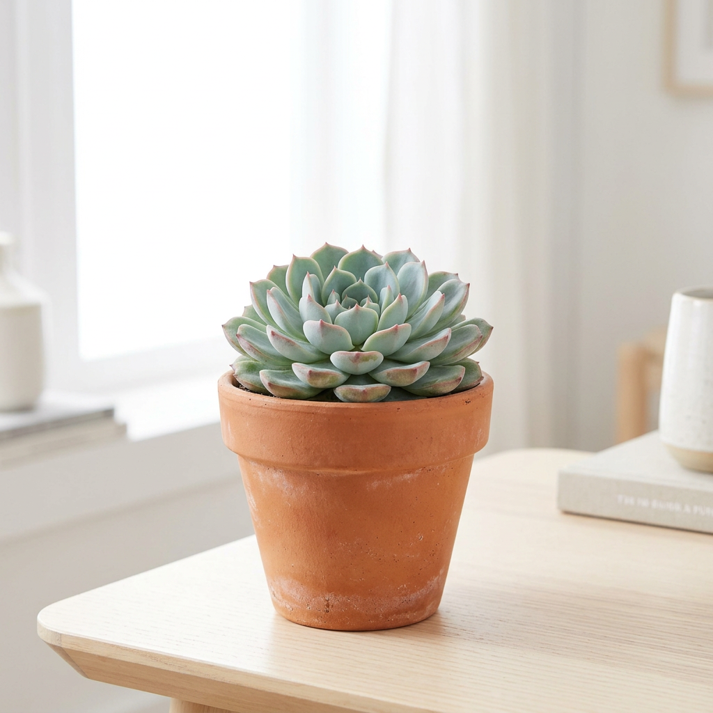 Echeveria Minima Bella styled near a bright indoor window in a terracotta pot; decorative pot sold separately