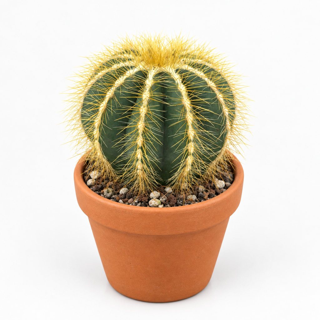 Balloon Cactus directly planted in a warm terracotta pot on white