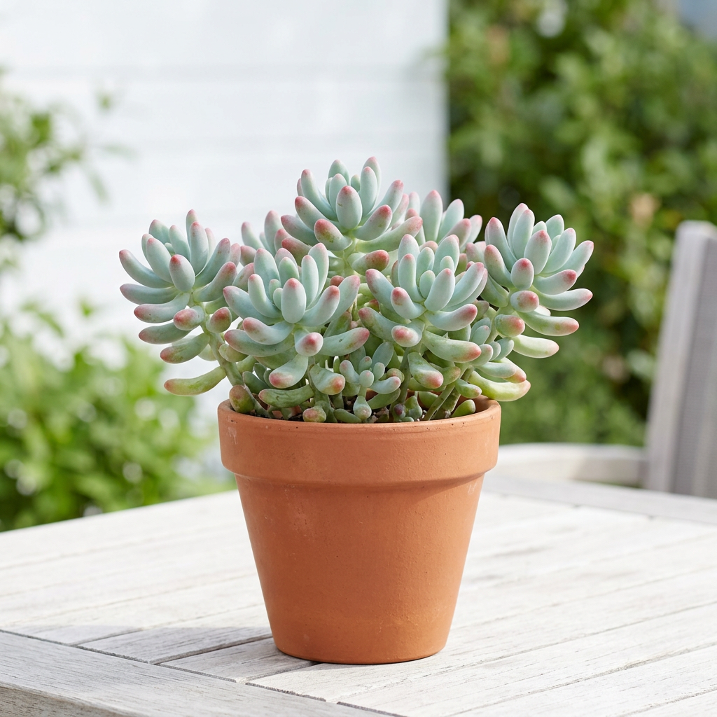 Pink Jellybean Sedum pachyphyllum styled on a bright outdoor patio in a terracotta pot; decorative pot sold separately