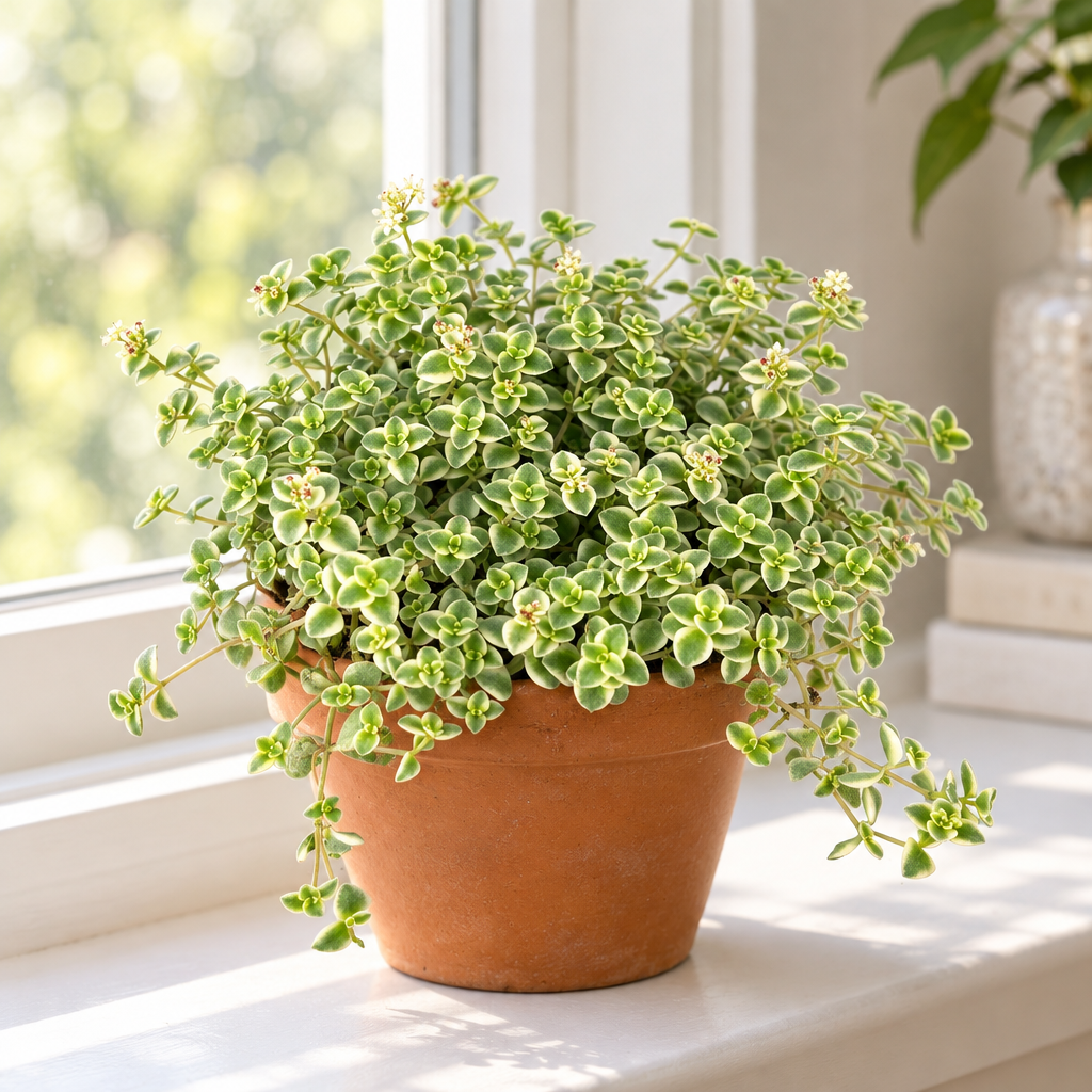 Sedum Little Missy in a terracotta pot on an indoor windowsill, decorative pot not included