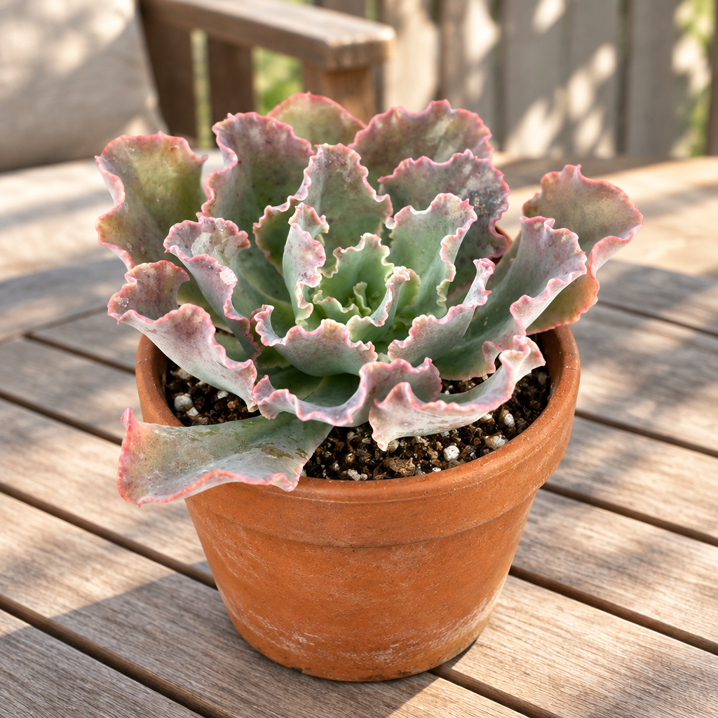Echeveria Blue Curls in a terracotta pot on an outdoor patio table
