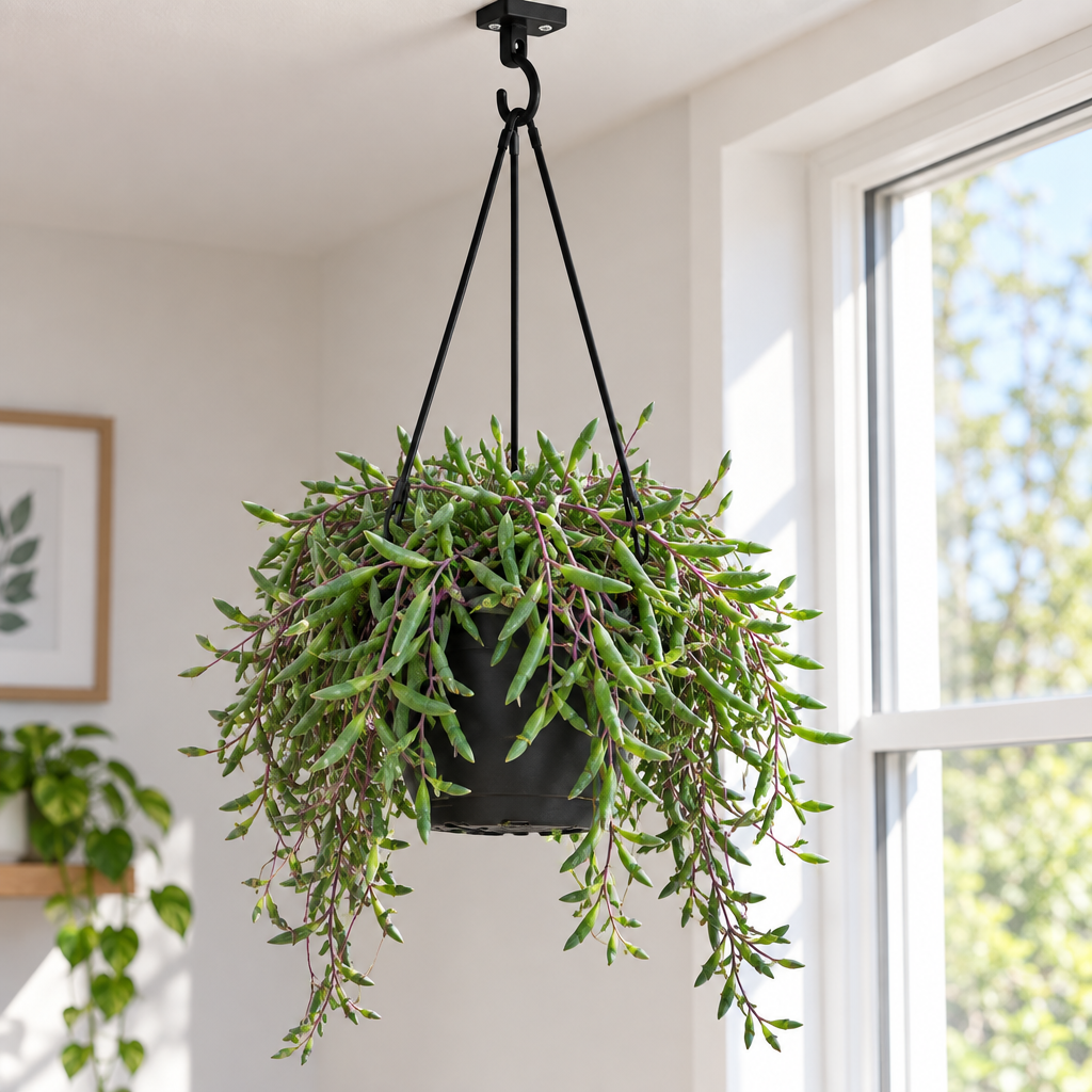 String of Pickles hanging from visible indoor ceiling hook near a bright window