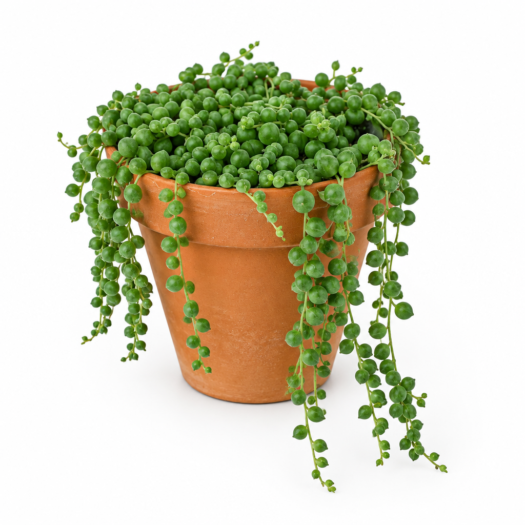 String of Pearls with round green bead-like leaves trailing from a warm orange terracotta pot on white
