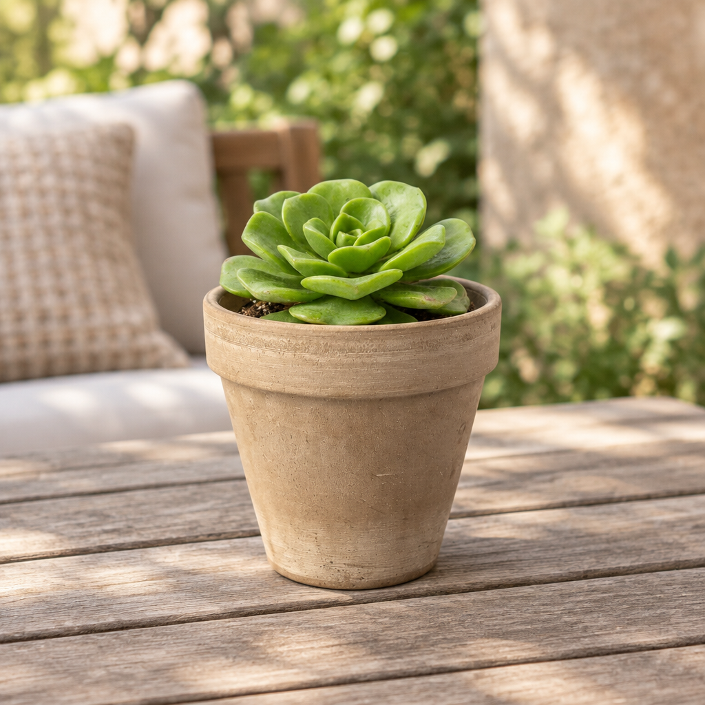 Aeonium ‘Lily Pad’ succulent with a green rosette in muted taupe terracotta on a sunny patio