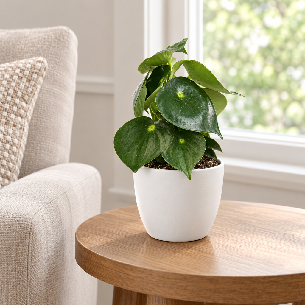 Peperomia Owl Eye styled in separately sold white Basel planter on living room side table