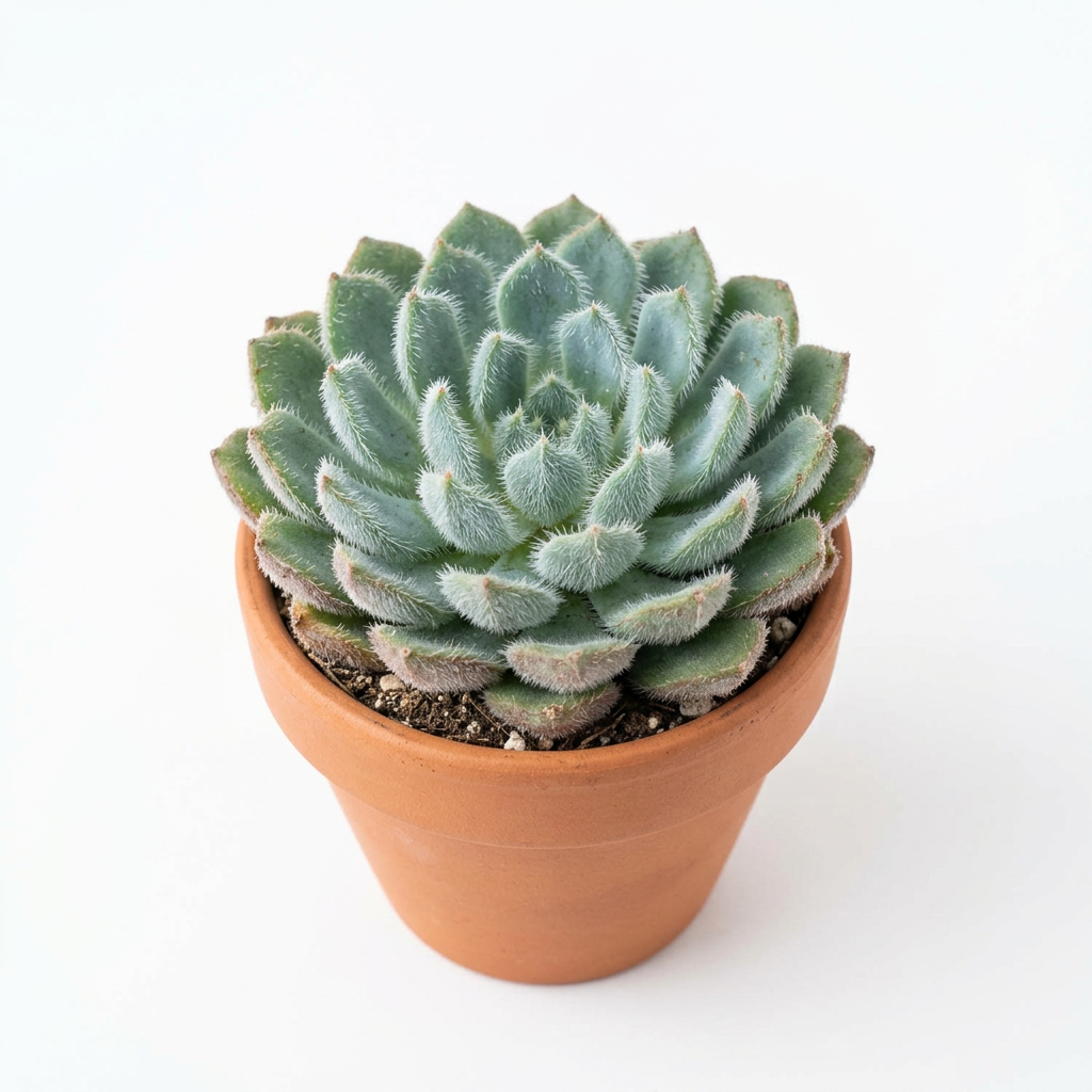 Alternate studio view of Blue Woolly Rose Echeveria FO-42 styled in a rounded terracotta pot; decorative pot sold separately