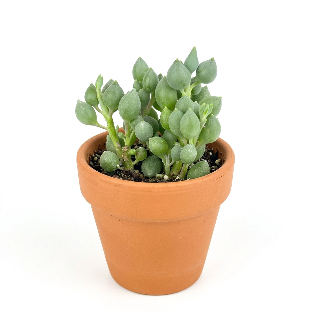 String of Lemons succulent styled in a classic terracotta pot on a white background; decorative pot sold separately