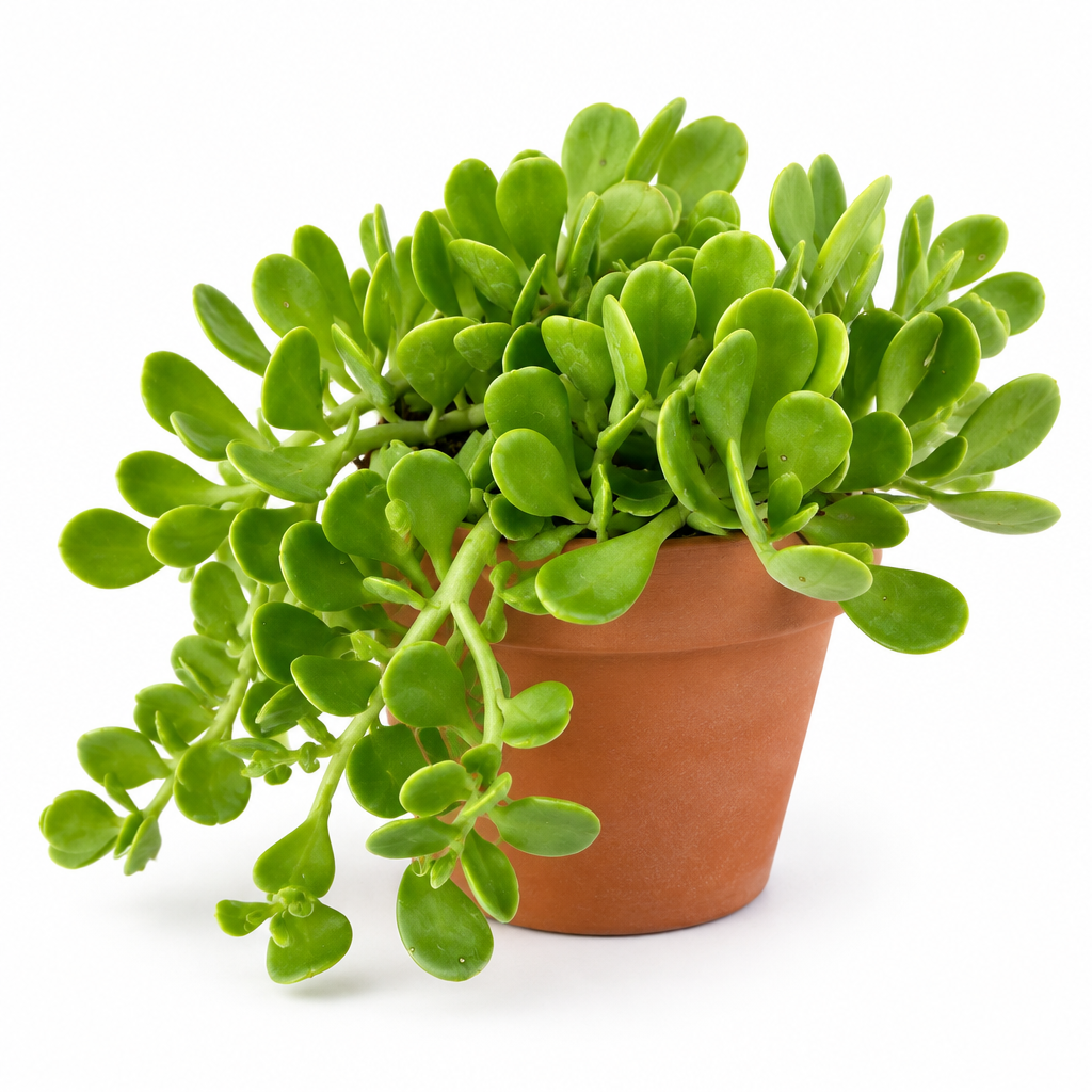 Purple Trailing Jade planted directly in warm terracotta, with fleshy oval green leaves and trailing stems