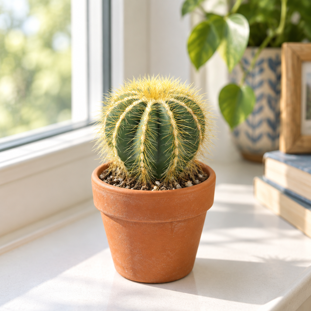Balloon Cactus in a terracotta pot on a bright indoor windowsill