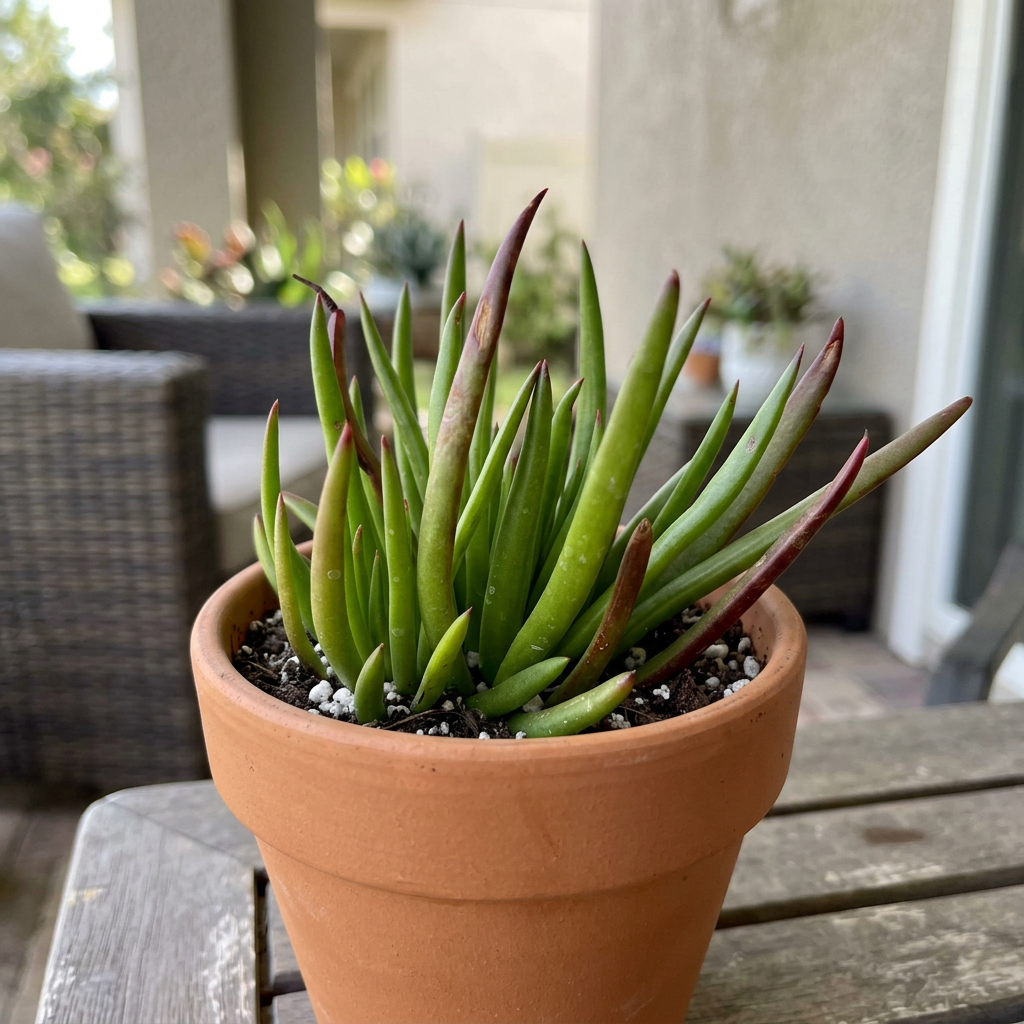 Crassula Devil’s Horns styled in a terracotta pot on a sheltered patio table; decorative pot sold separately