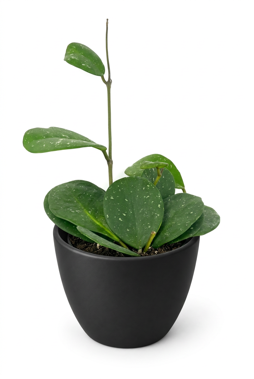 Hoya obovata styled in a black BASEL 4.7-inch planter on white; decorative planter sold separately.