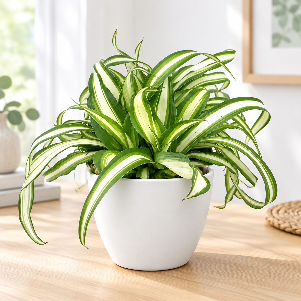Variegated spider plant styled in separately sold white Basel planter
