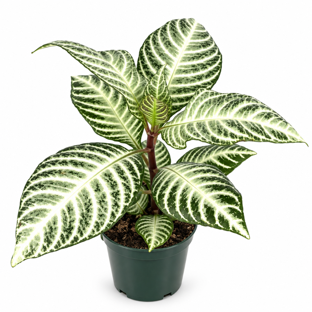 Zebra Snowflake Aphelandra with white-striped green leaves in a 4-inch nursery pot on white