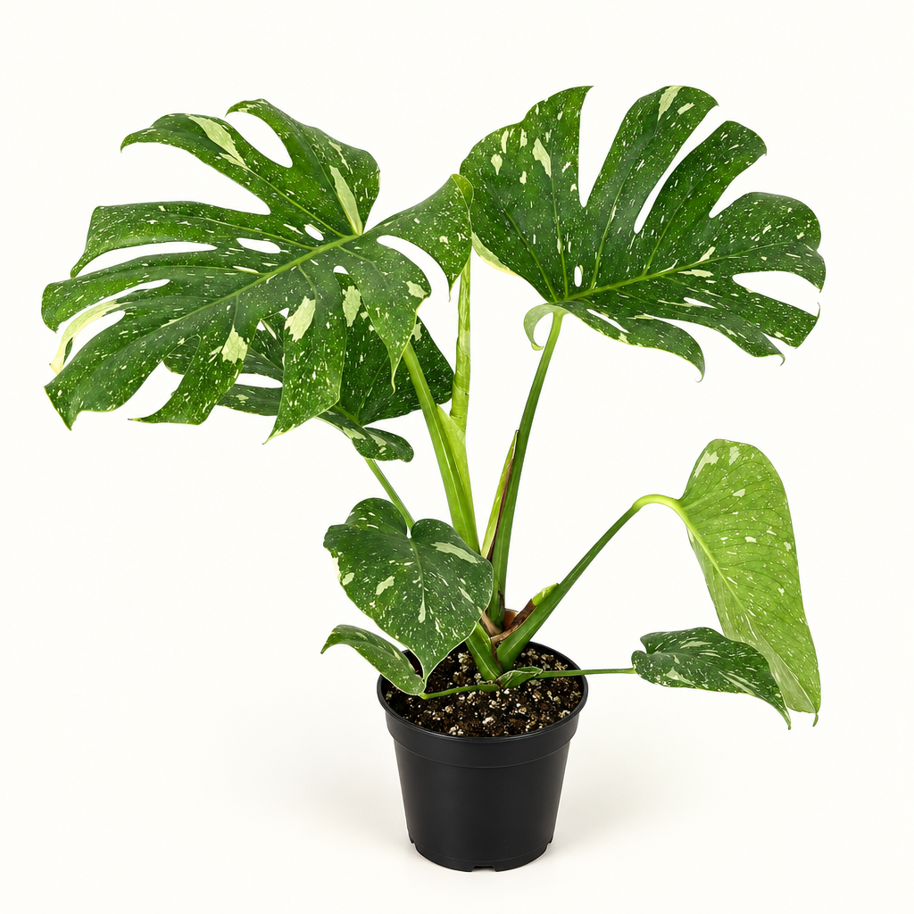 Thai Constellation Monstera with cream-speckled leaves in a 4-inch nursery grow pot on a white studio background