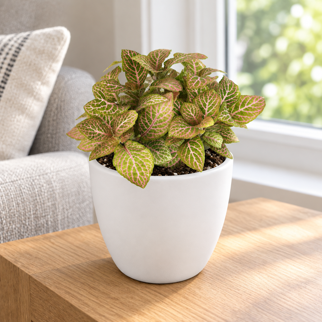 Pink Fittonia styled in a separately sold white Basel planter on a living-room side table