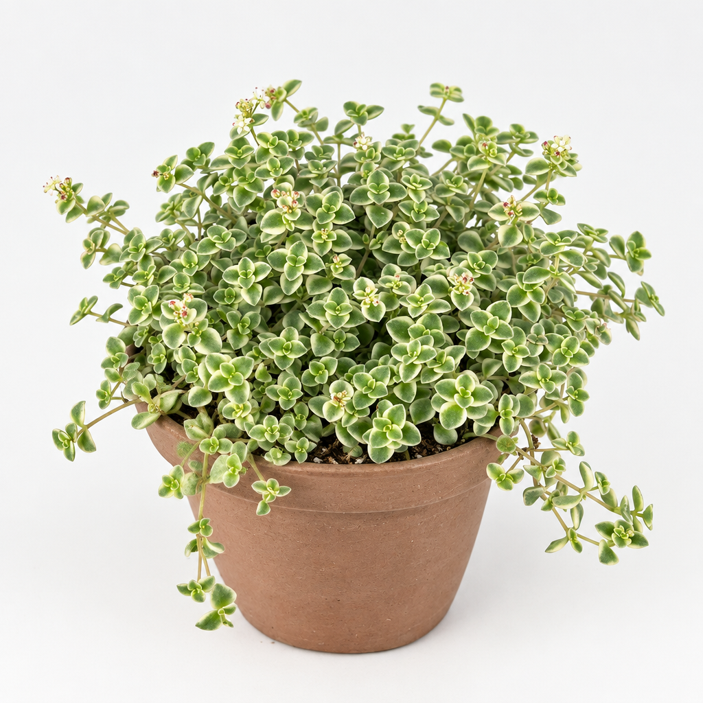 Sedum Little Missy styled in a taupe terracotta pot, decorative pot not included
