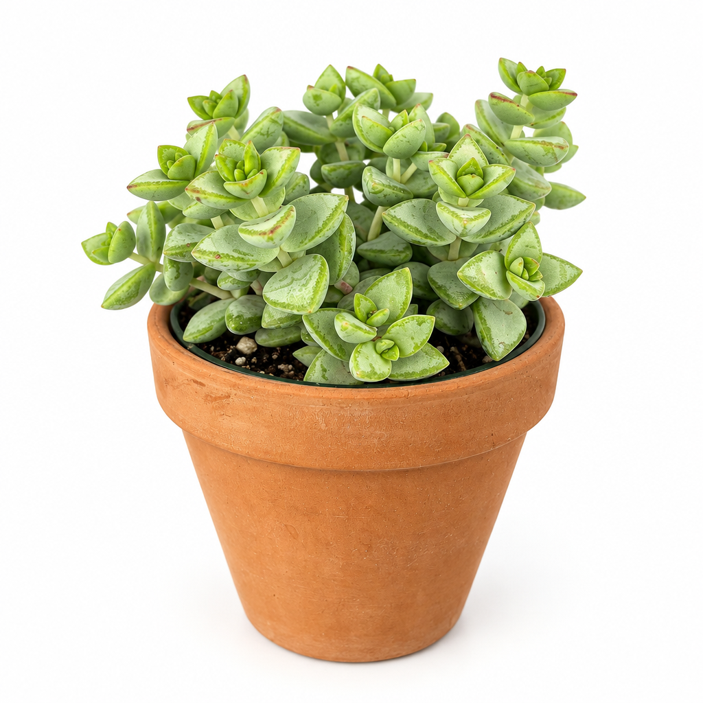 Rosary Succulent (Crassula rupestris) with lime-green and pale clustered foliage in warm orange terracotta on white