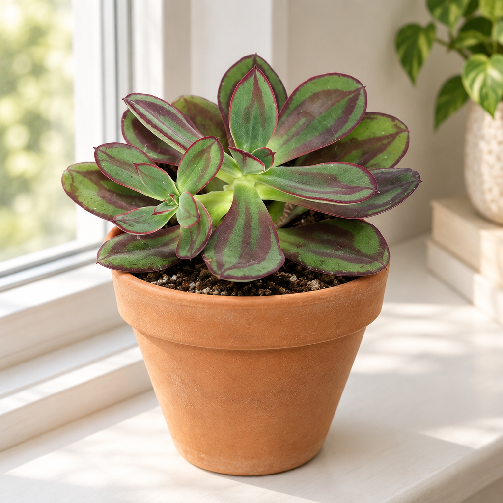 Echeveria nodulosa planted directly in orange terracotta on a bright indoor windowsill