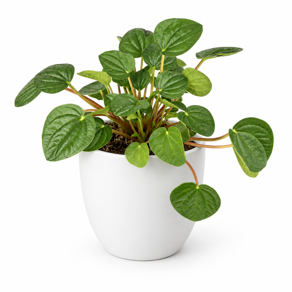 Peperomia Rana Verde with green heart-shaped leaves styled in separately sold white Basel planter on white