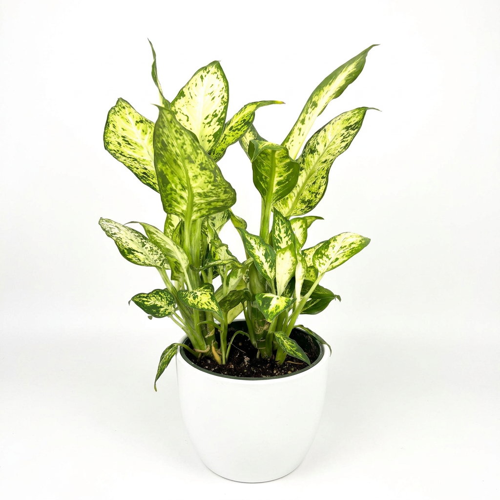 Dieffenbachia Amy styled in a white BASEL planter against a white background; decorative planter sold separately