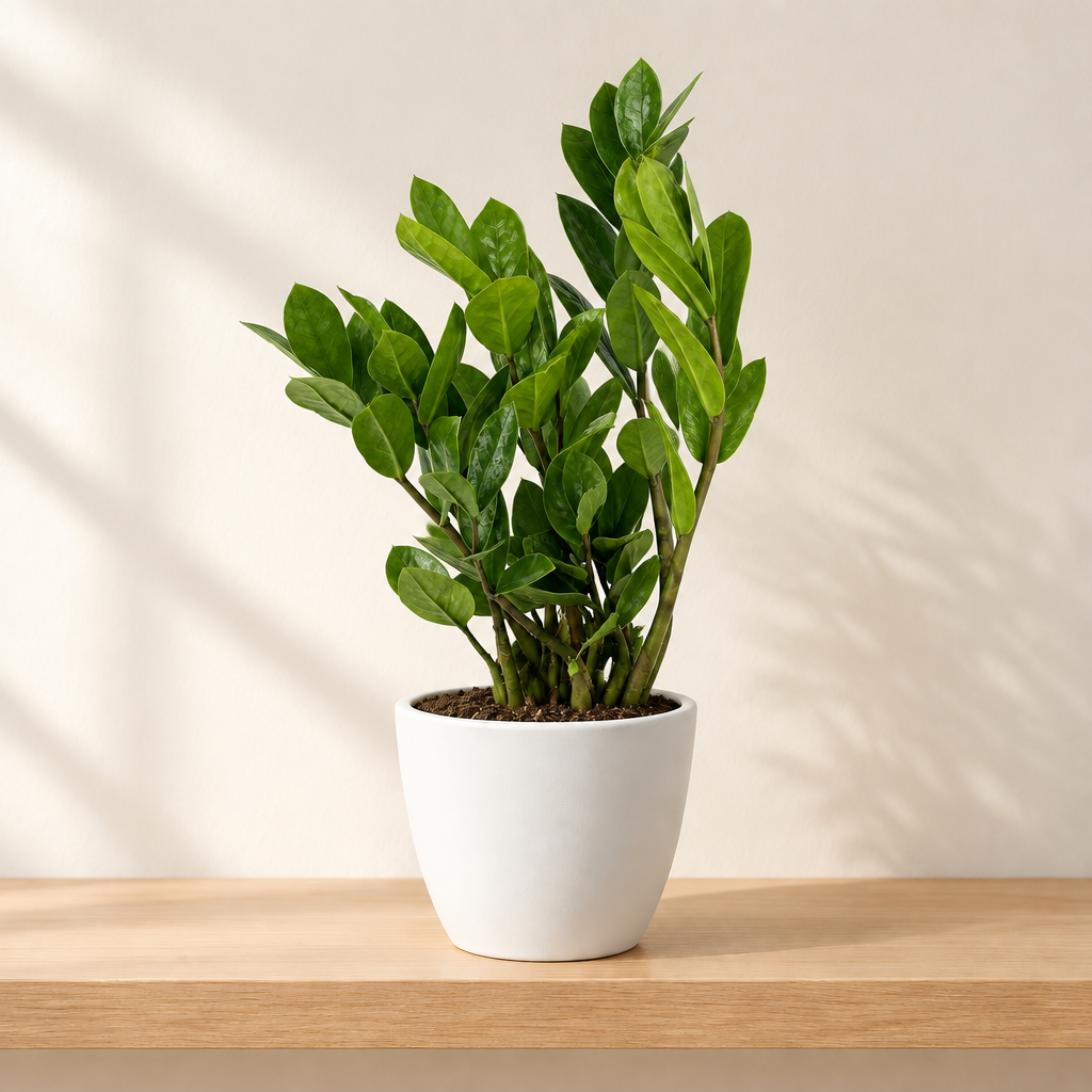 ZZ Plant styled in a white Basel 4.7-inch planter with soil visible at the opening; decorative planter sold separately