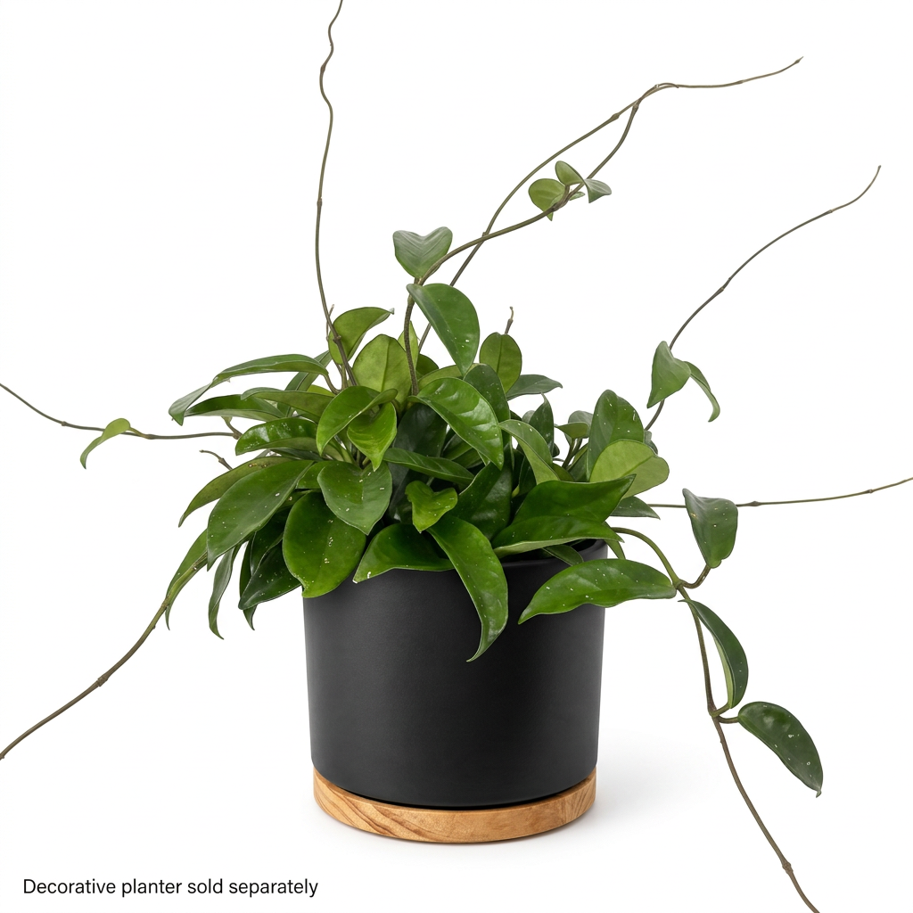 Hoya carnosa styled in a black six-inch OSLO planter with wood-grain base; plant and decorative planter sold separately.
