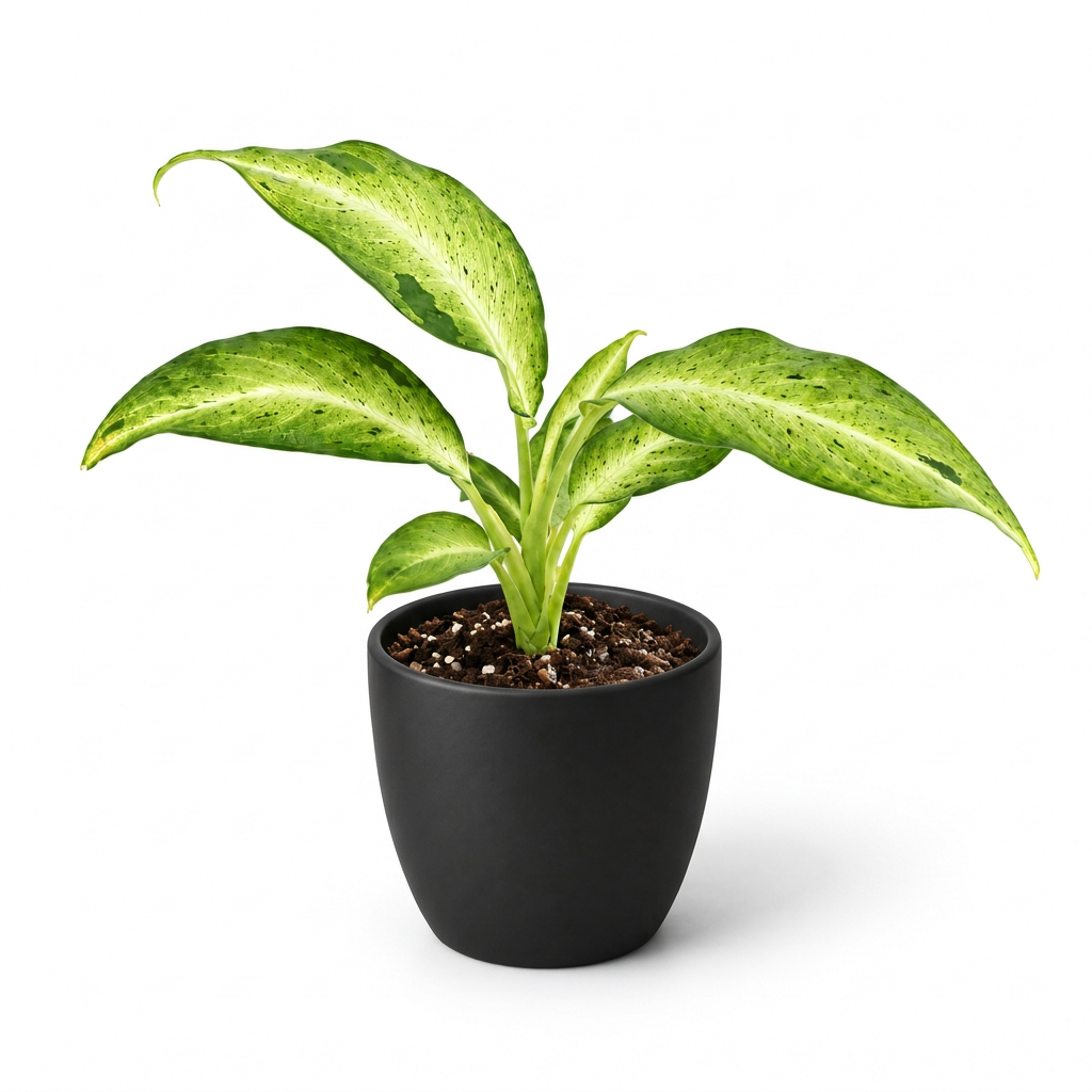 Young Dieffenbachia Camouflage with pale green leaves and fine green flecking styled in a black BASEL 4.7-inch planter; decorative planter sold separately, plant ships in a 4-inch nursery grow pot