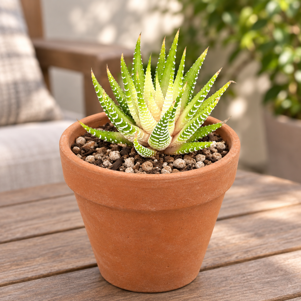Variegated Zebra Haworthia in terracotta on a sheltered patio in bright shade