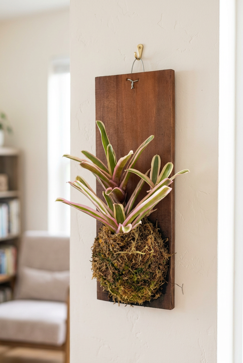Neoregelia Donger hanging indoors on its included wood plank and wire; wall hardware and furnishings not included.