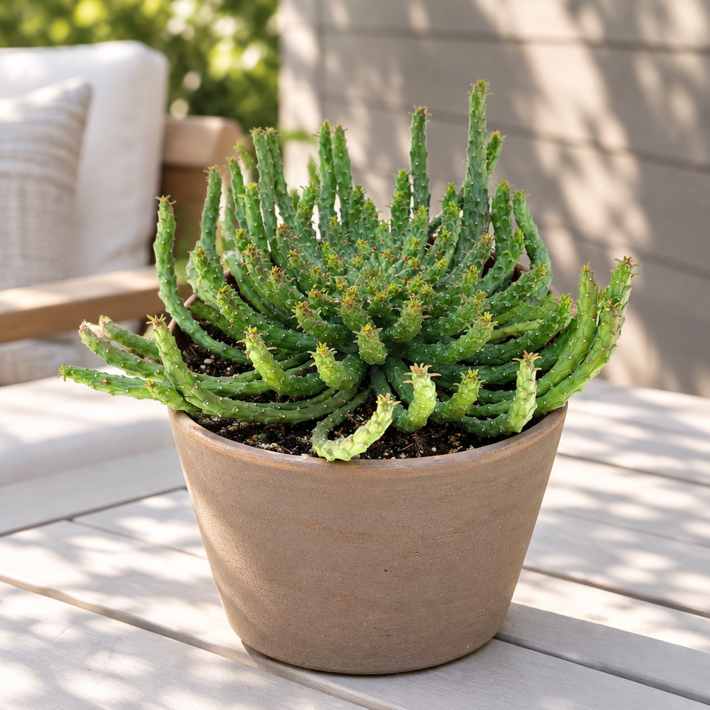 Medusa Head Euphorbia in taupe terracotta on a patio table