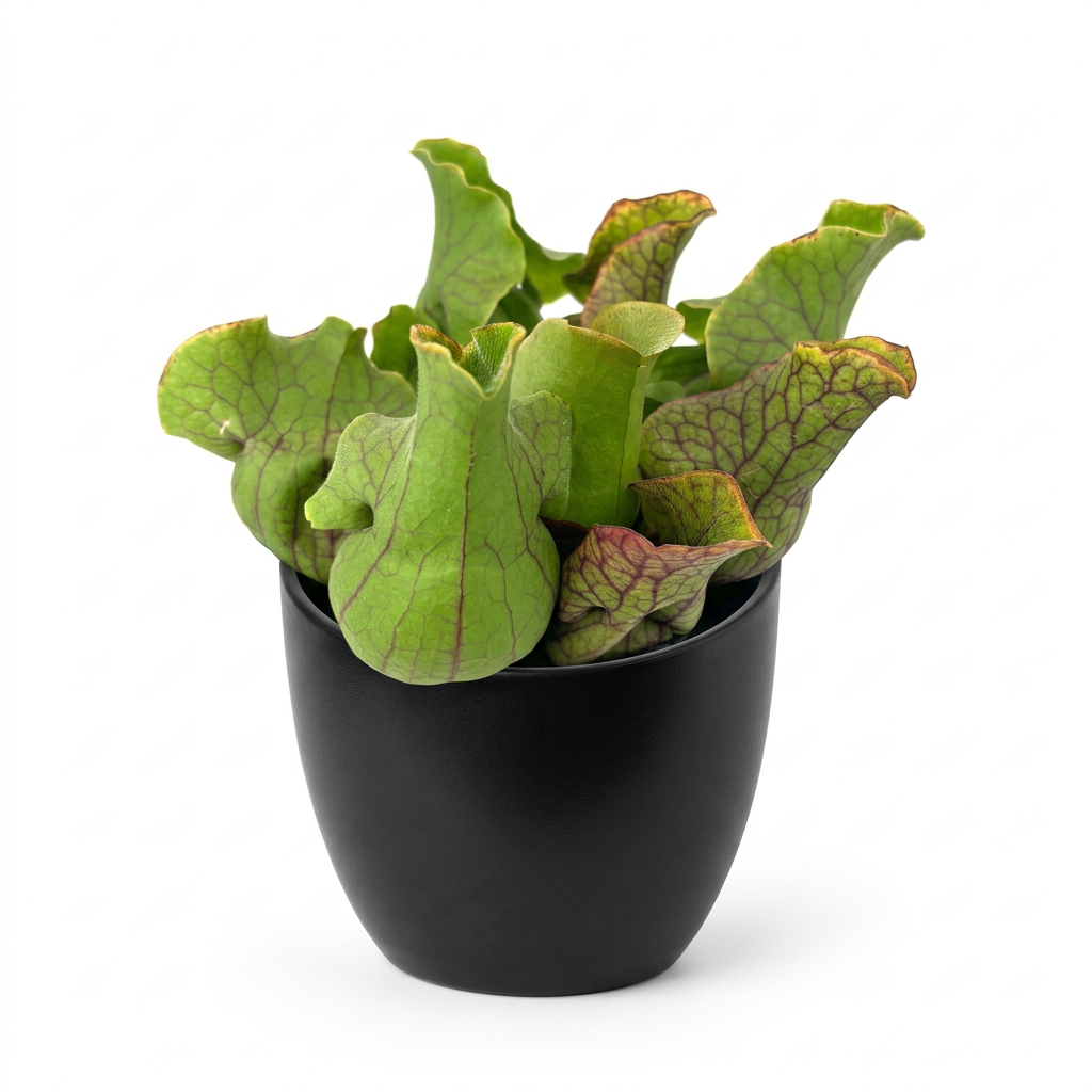 Jumbo Sarracenia pitcher plant styled in a black 6-inch BASEL cover planter; decorative planter sold separately