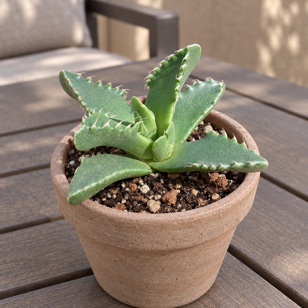 Tiger Jaw Faucaria tigrina in taupe terracotta on a shaded patio table
