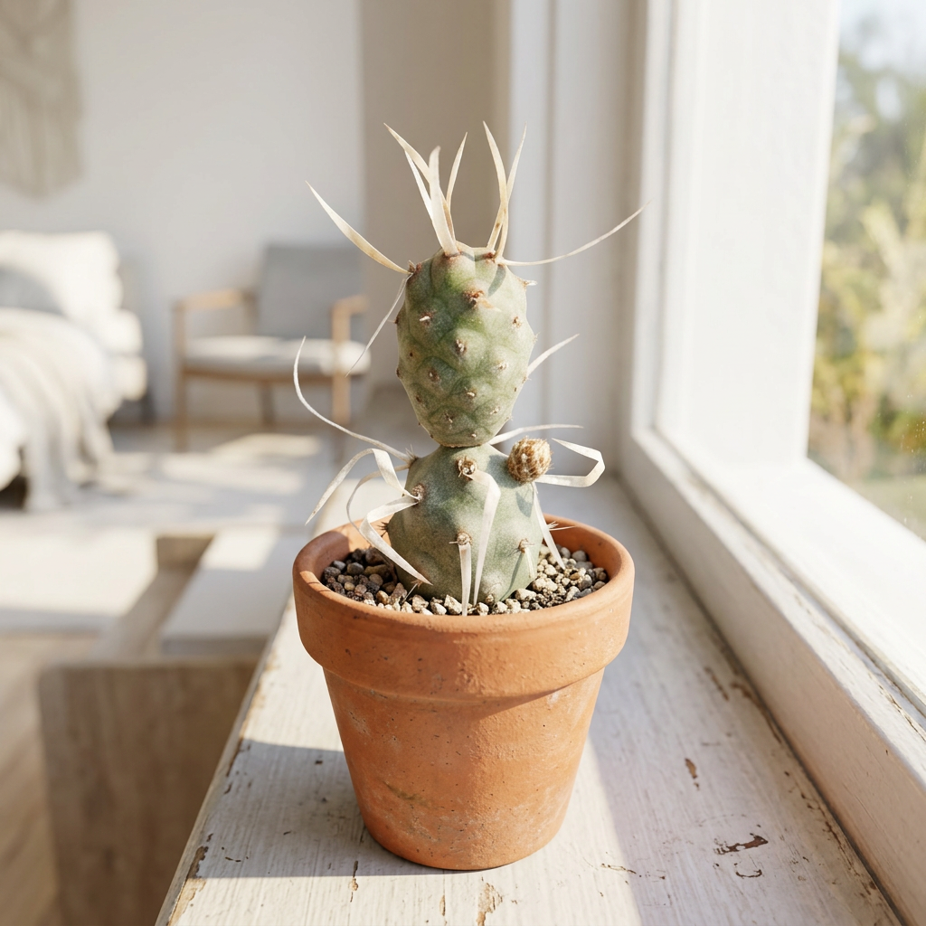 Paper Spine Cactus styled in a small terracotta pot on a bright indoor windowsill; decorative pot sold separately