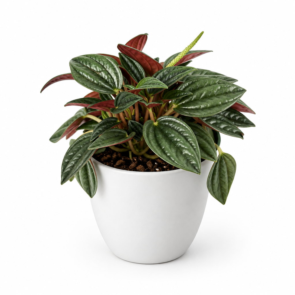 Peperomia Rosso with red leaf undersides styled in separately sold white Basel planter on white