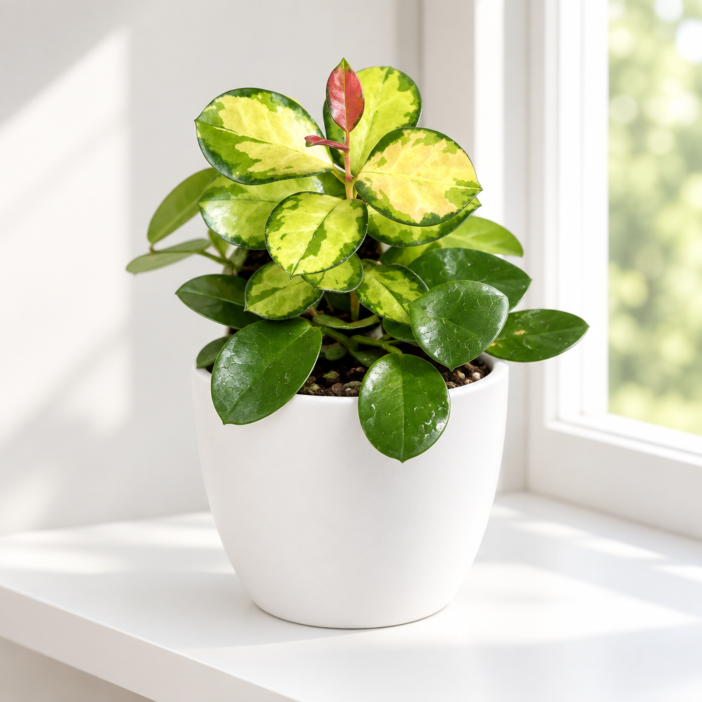 Hoya australis Lisa styled in the separately sold white Basel planter beside a bright window