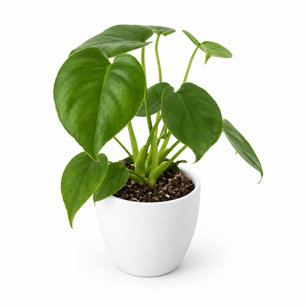 Young Monstera deliciosa with solid leaves styled in separately sold white Basel planter on white