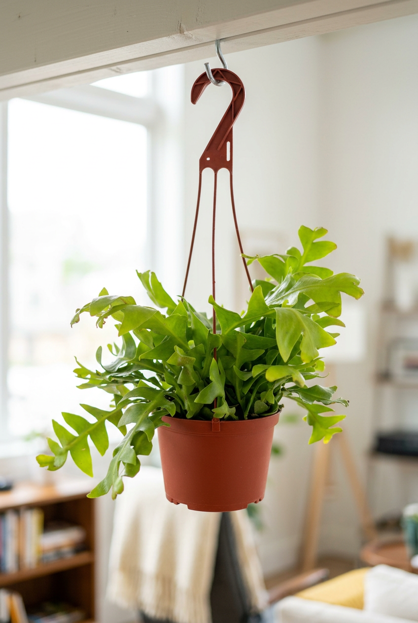 Shark Tooth Orchid Cactus in its reddish-brown 6-inch plastic pot and matching plastic hanger, suspended from a hook beside a bright indoor window.