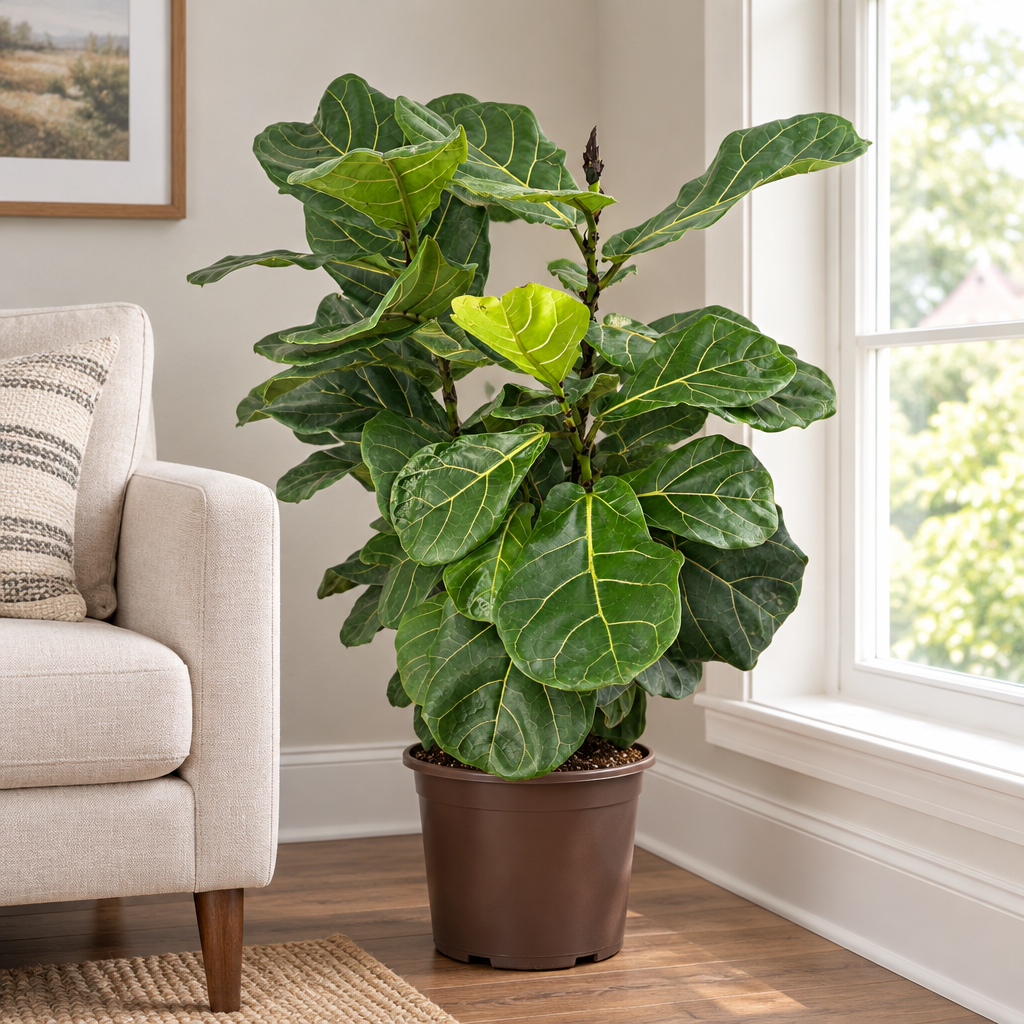 X-large fiddle-leaf fig bush in its nursery pot on floor by sofa and window