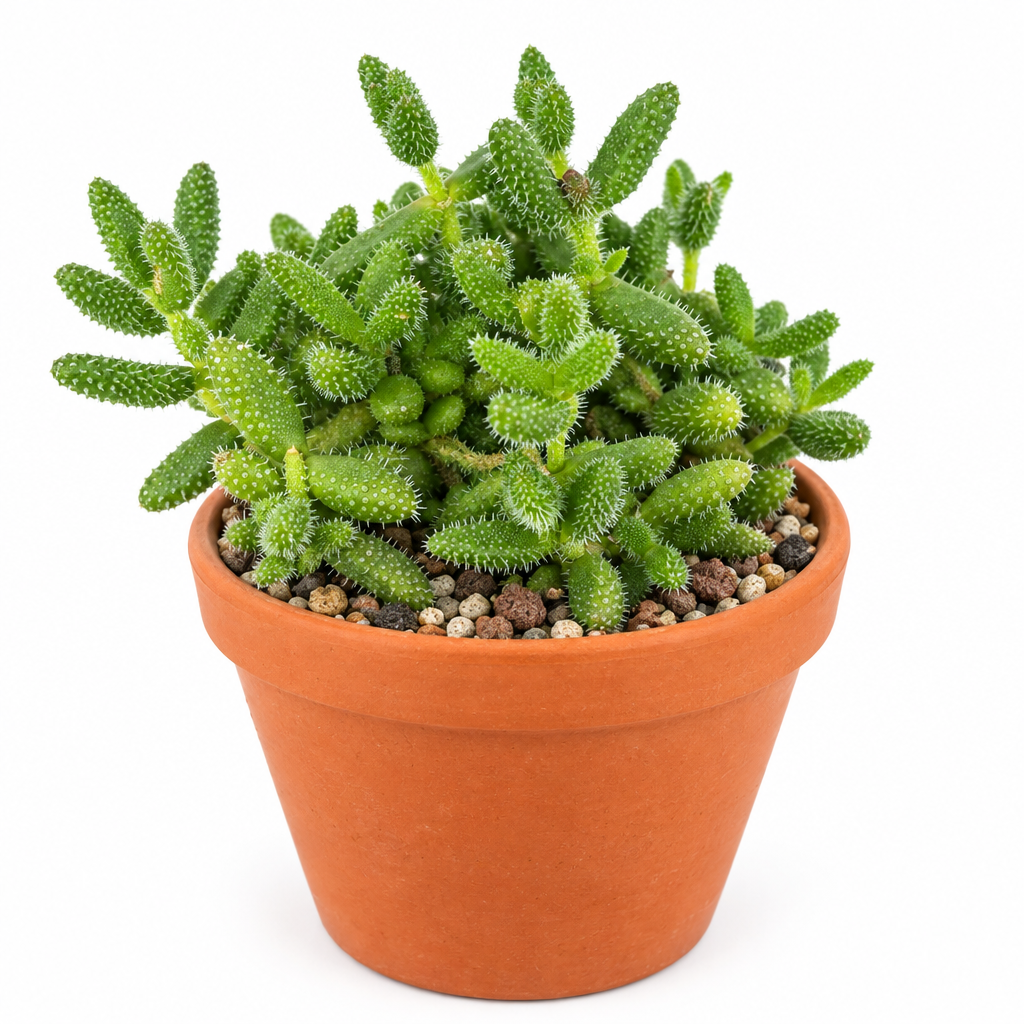 Delosperma echinatum Pickle Plant in decorative warm terracotta pot on white background; pot not included