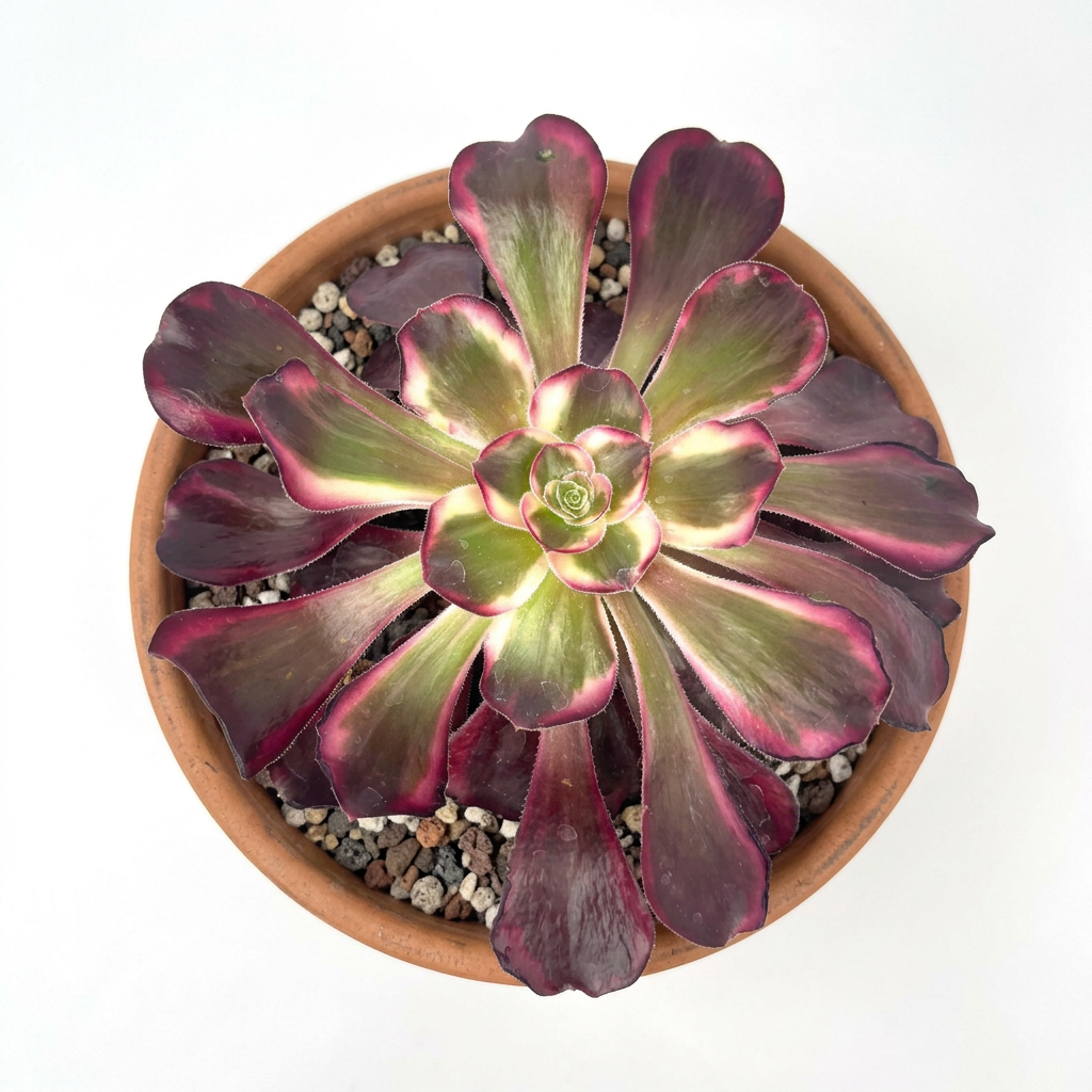 Overhead view of Aeonium Medusa's variegated leaves in terracotta; pot sold separately
